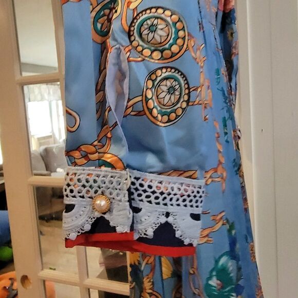 Dalia Macphee Women Lace Mosaic High Waist Long Sleeve Pleated Print Dre… - Picture 14 of 16